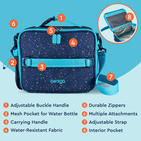Bentgo Kids Lunch Bag d-ring-backpack-attachment enables easy backpack integration.