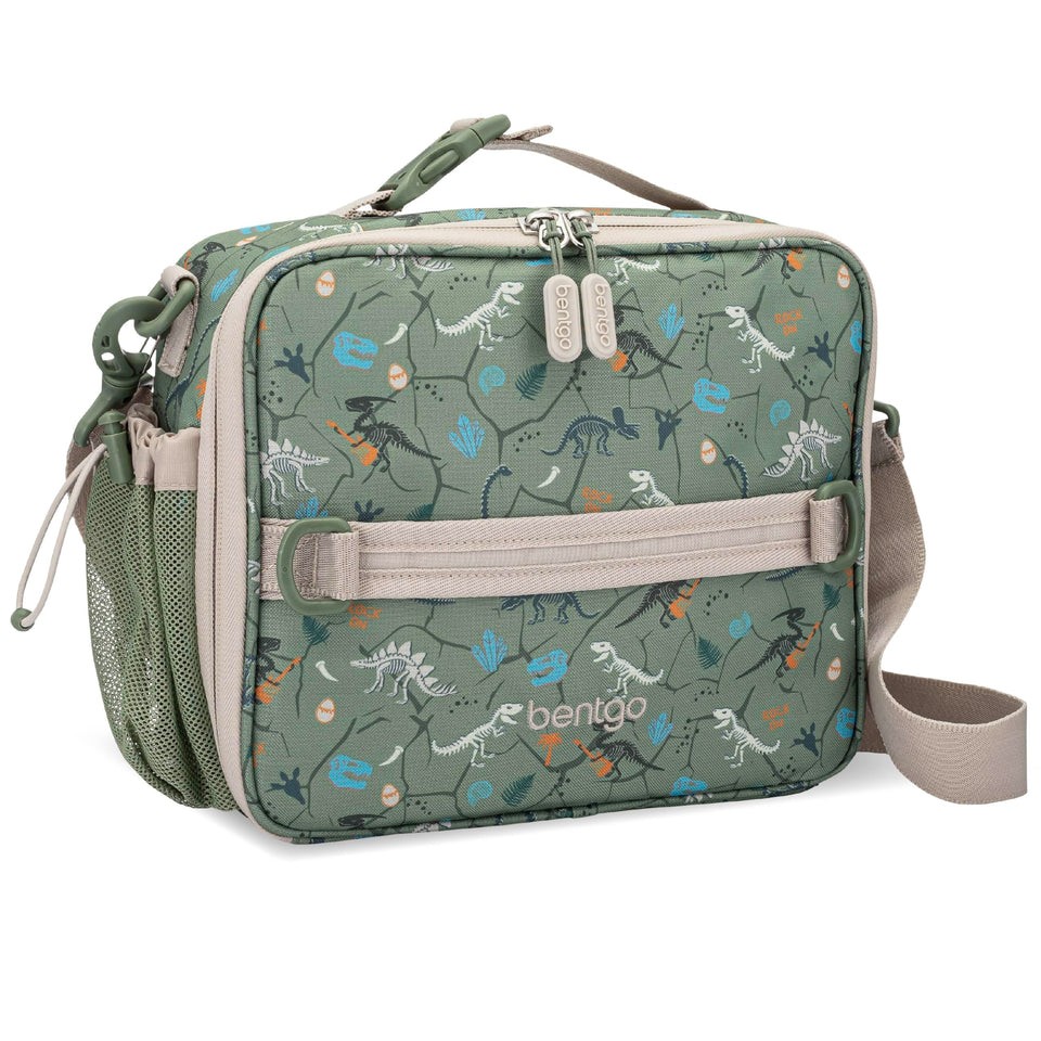 Bentgo Kids lunch bag front view with dino fossils, ideal for keeping meals organized.