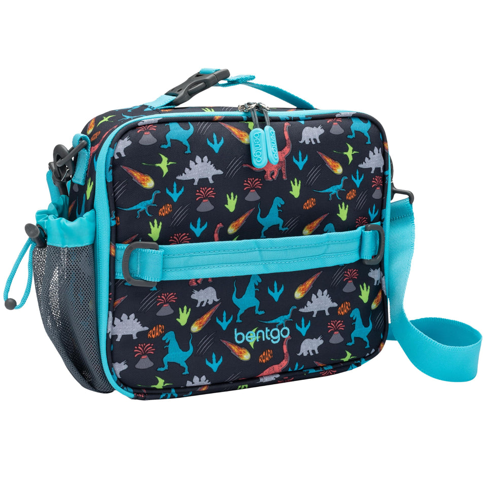 Bentgo Kids Lunch Bag with dinosaur print front view showing sturdy construction.