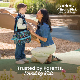 Bentgo Kids Lunch Bag dinosaur front view highlights kid-friendly design for daily meals.