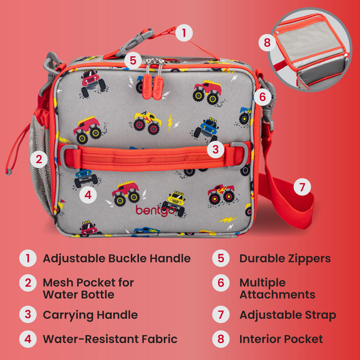 Bentgo Kids Lunch Bag easy-clean interior with damp cloth.