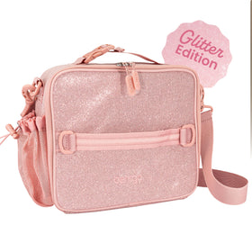 Bentgo Kids lunch bag glitter petal pink front view shows double insulation for fresh meals.