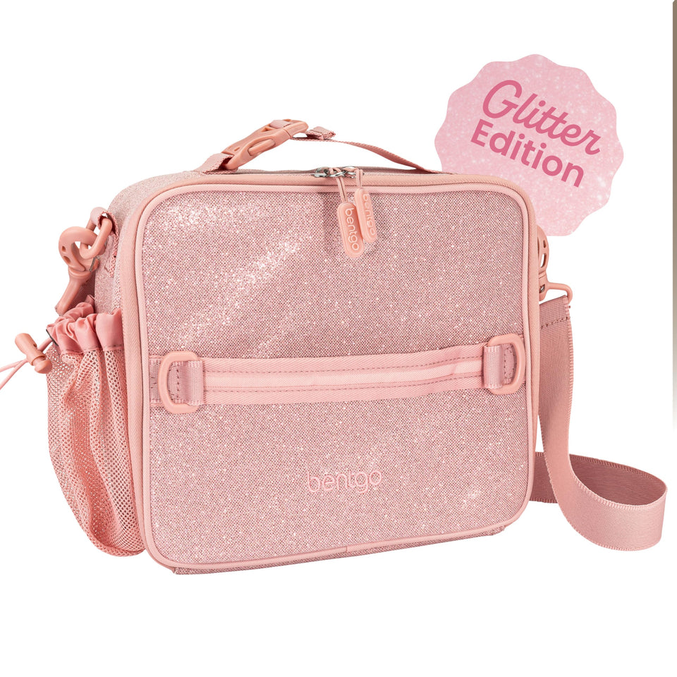 Bentgo Kids lunch bag glitter petal pink front view shows double insulation for fresh meals.