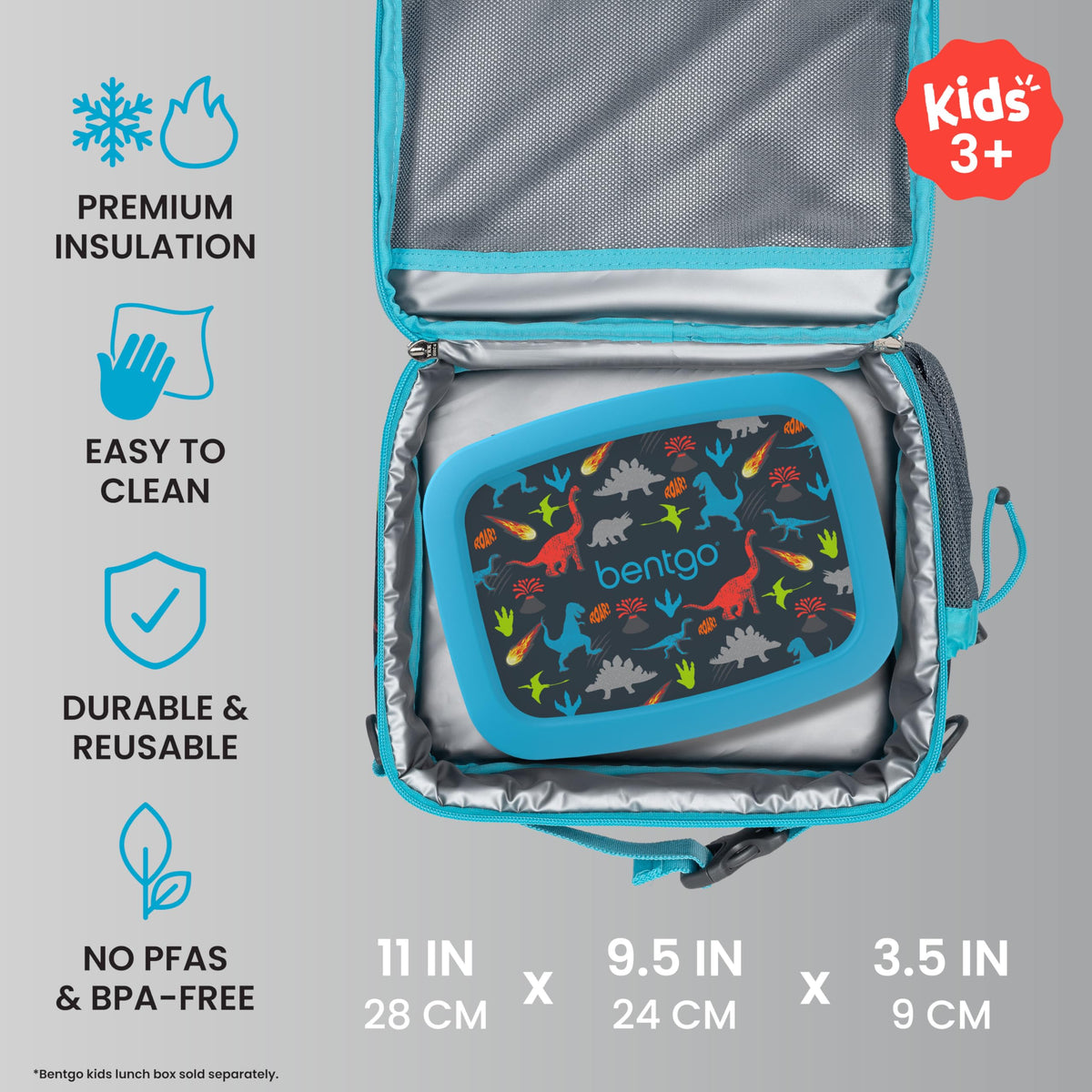 Bentgo Kids Lunch Bag open reveals generous interior for lunch, snacks, and utensils.