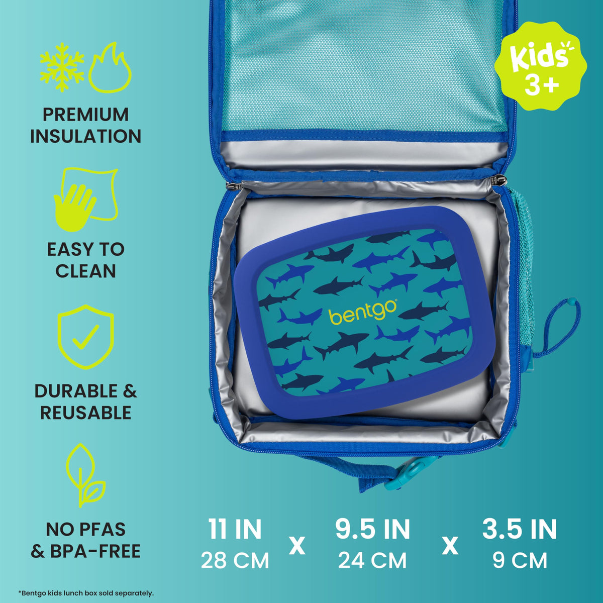 Bentgo Kids Shark insulated compartment keeps meals fresh during the day.