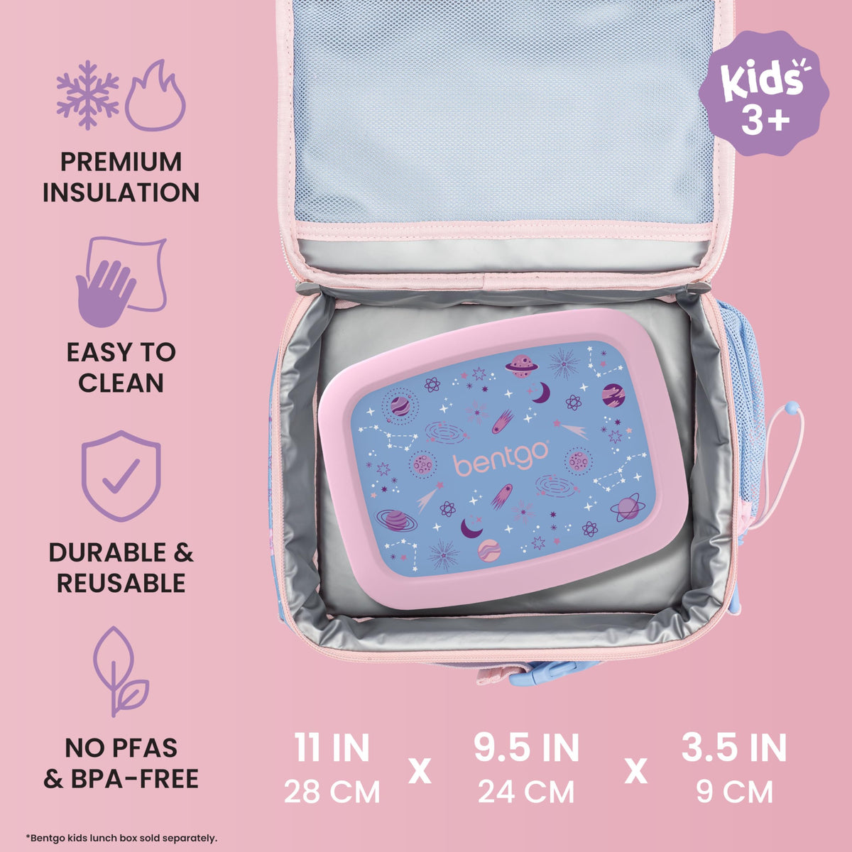 Bentgo Kids Lunch Bag insulated compartment keeps foods fresh during transit.