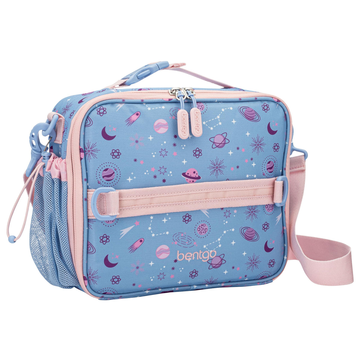 Bentgo Kids Lunch Bag Lavender Galaxy open shows easy access to meals and snacks.