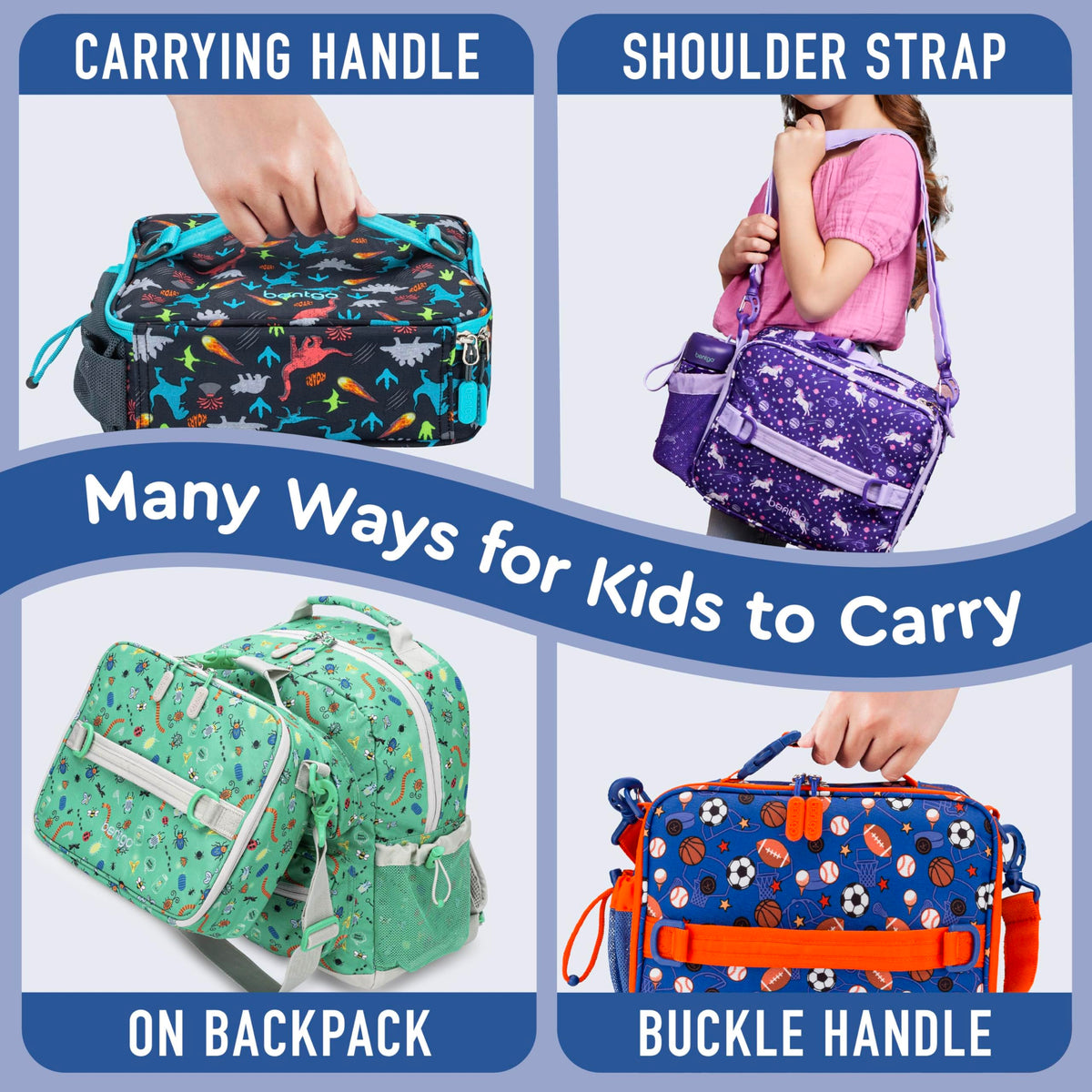 Bentgo Kids Lunch Bag features multiple pockets for utensils and a water bottle