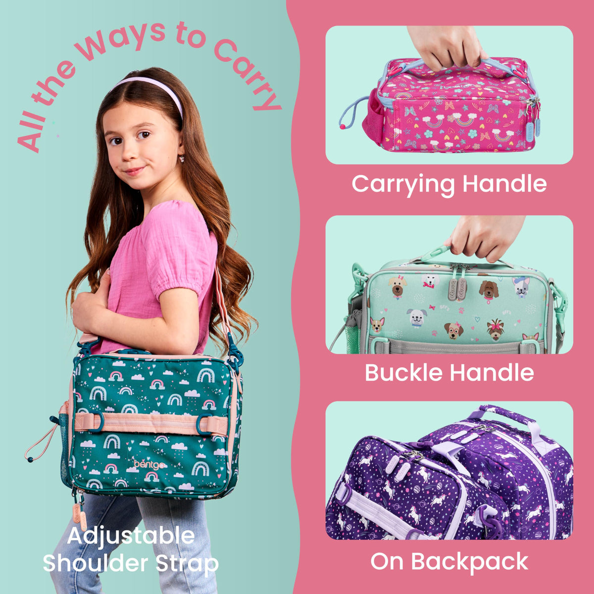 Bentgo Kids lunch bag pocket layout fits lunch box, water bottle, and snacks.