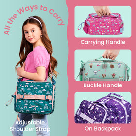 Bentgo Kids lunch bag pocket layout fits lunch box, water bottle, and snacks.