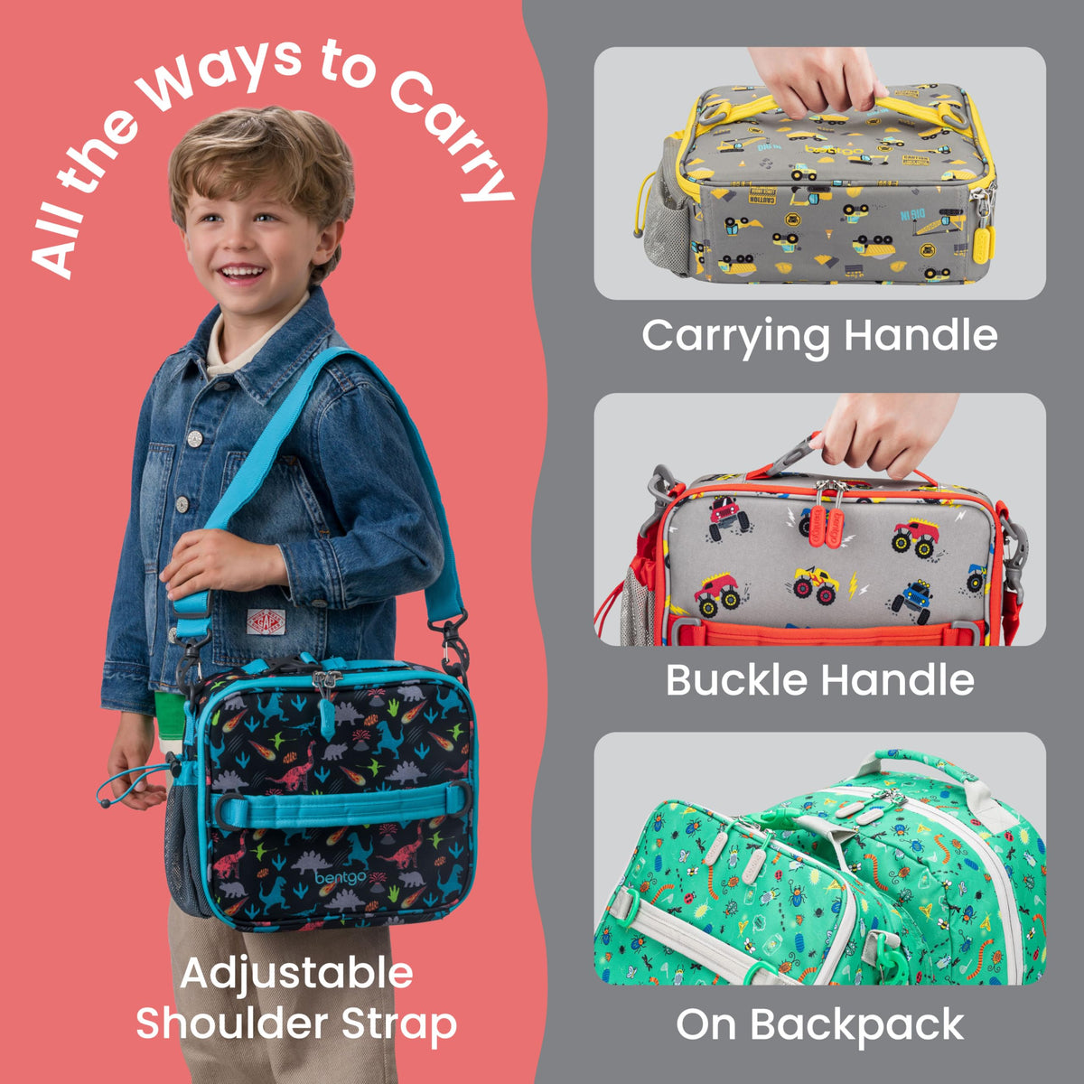 Bentgo Kids Lunch Bag pockets for utensils and water bottle organization.