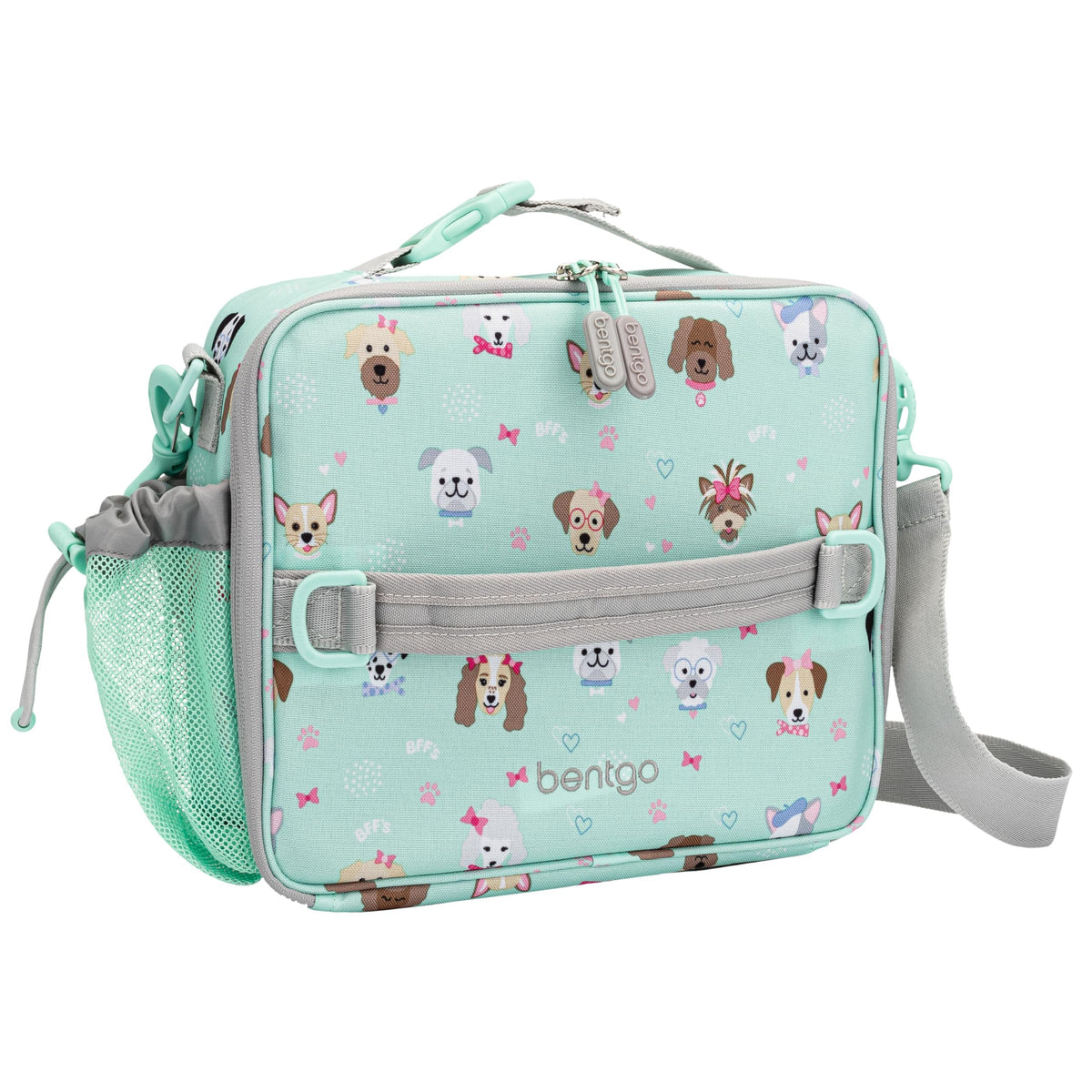 Bentgo Kids lunch bag Puppy Love front view shows durable exterior for daily school use.