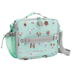 Bentgo Kids lunch bag Puppy Love front view shows durable exterior for daily school use.