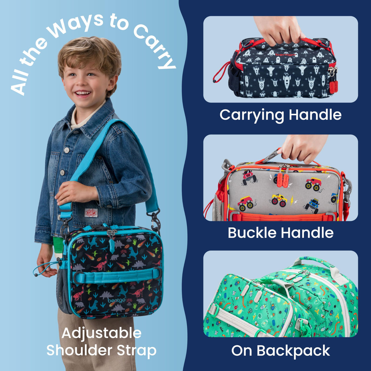 Bentgo Kids Lunch Bag Rocket adjustable strap for easy carrying.