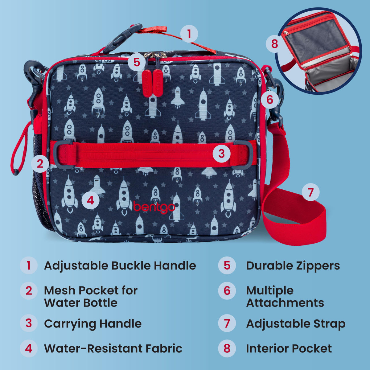 Bentgo Kids Lunch Bag Rocket side pocket stores utensils or snacks.