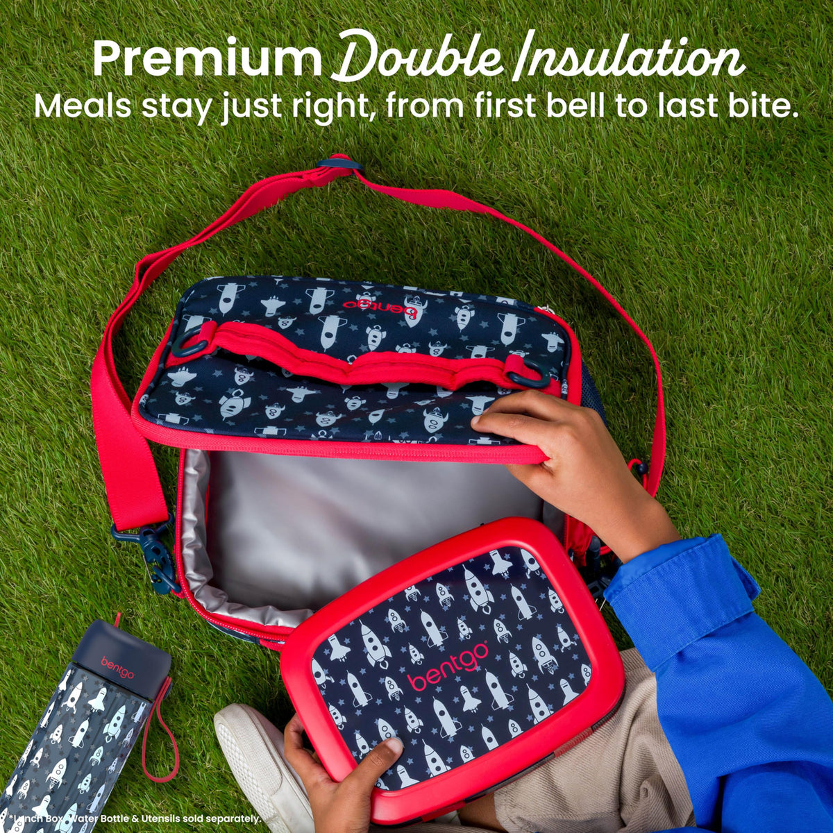 Bentgo Kids Lunch Bag Rocket water bottle pocket keeps drinks secure.