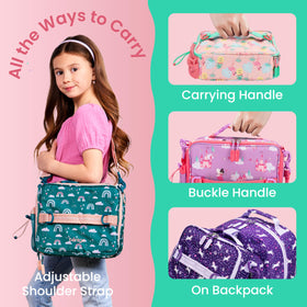 Bentgo Kids Lunch Bag tropical internal pockets hold utensils and a water bottle.