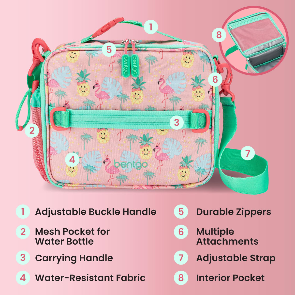 Bentgo Kids Lunch Bag tropical fits Bentgo lunch boxes plus snacks securely.