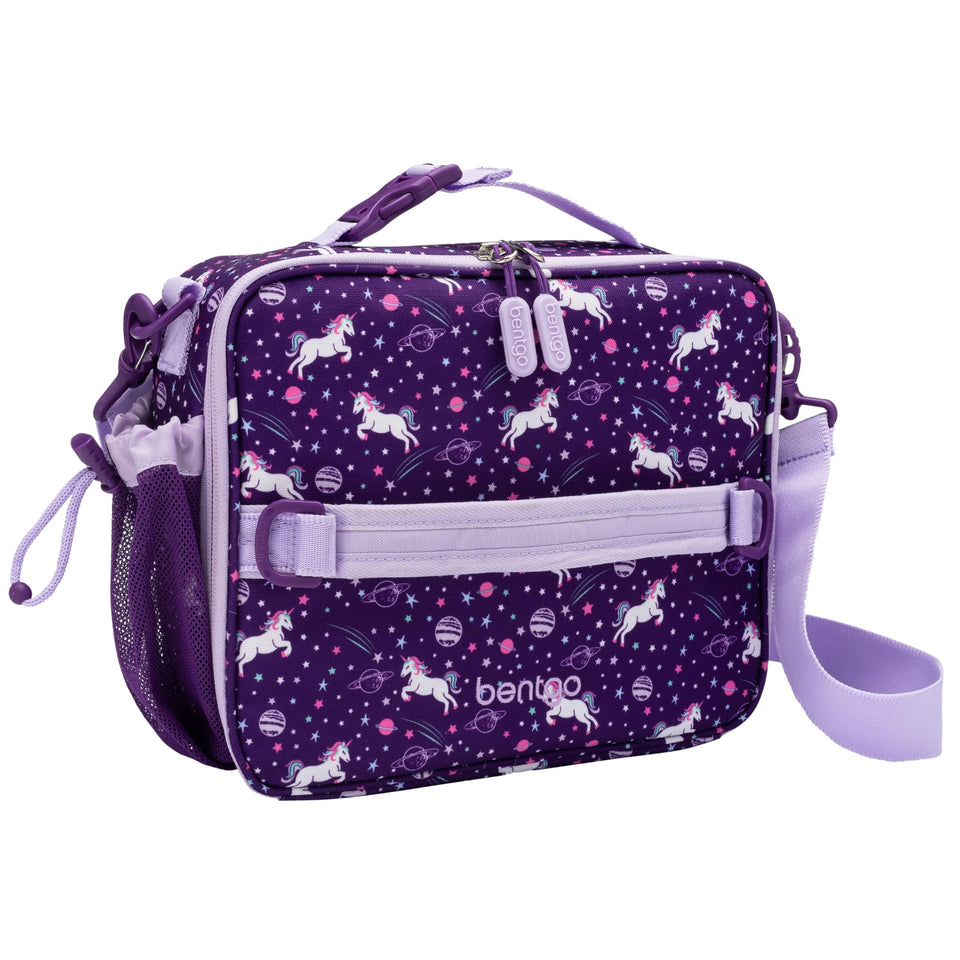 Bentgo Kids Unicorn Outside shows a durable double-insulated lunch bag for meals on the go.
