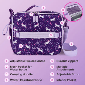 Bentgo Kids Unicorn Water-Bottle-Pocket provides a secure place for a water bottle.
