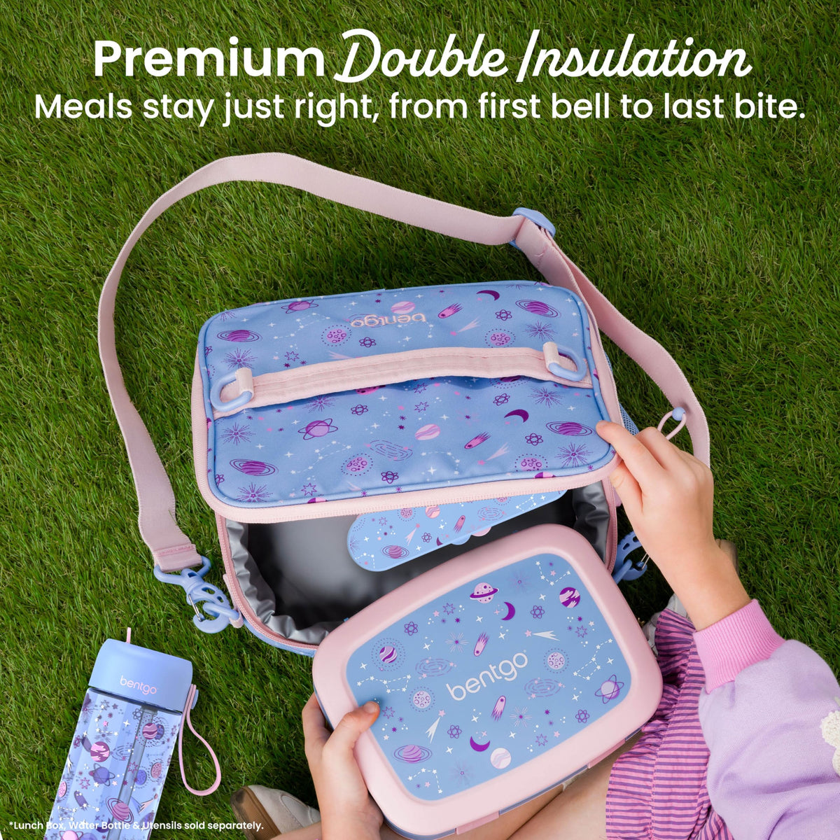 Bentgo Kids Lunch Bag water-bottle pocket helps carry hydration and reduce clutter.