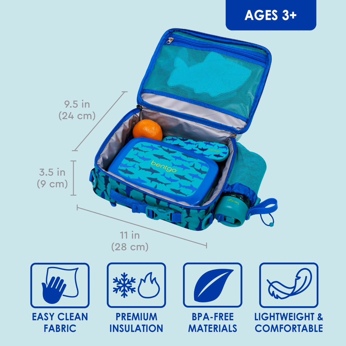 Bentgo Kids Shark fabric close-up highlights water resistance and easy cleanup.