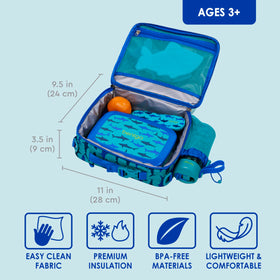 Bentgo Kids Shark fabric close-up highlights water resistance and easy cleanup.