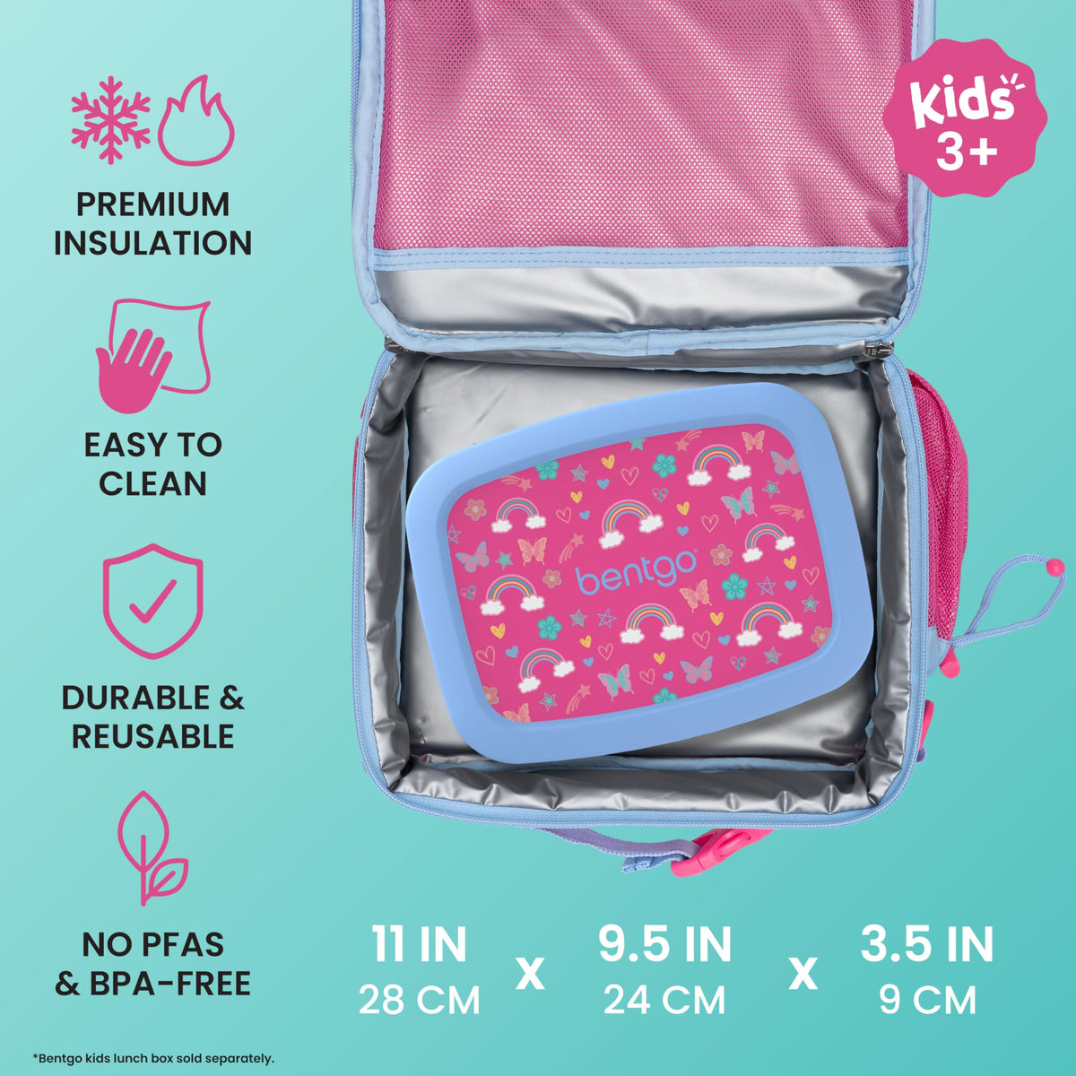 Bentgo Kids Lunch Bag water-resistant fabric withstands rainy-day adventures.