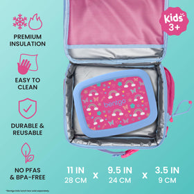 Bentgo Kids Lunch Bag water-resistant fabric withstands rainy-day adventures.
