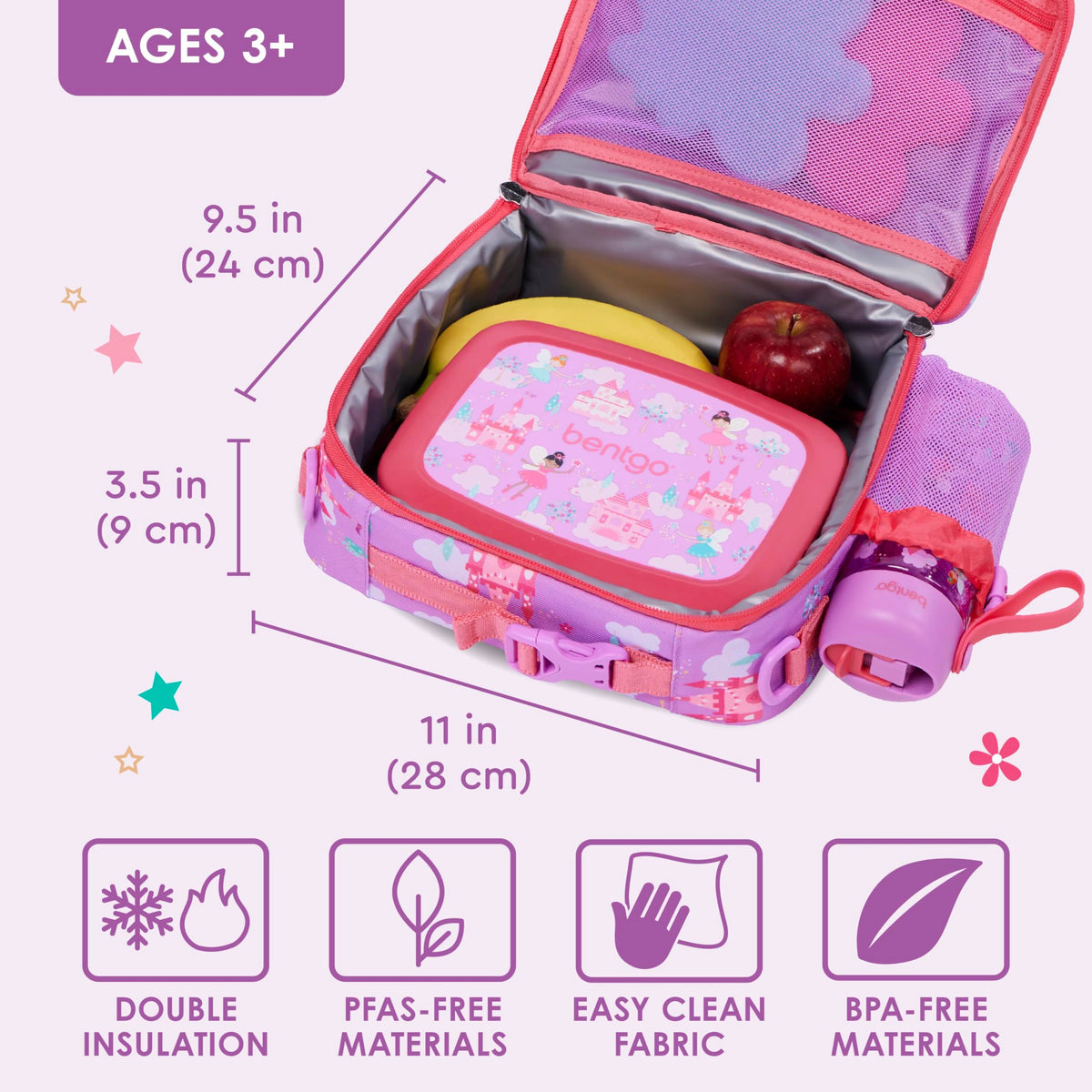 Bentgo Kids lunch bag water resistant fabric protects contents through daily use.