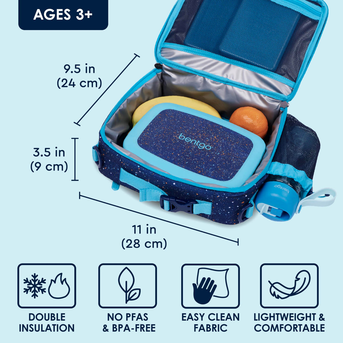 Bentgo Kids Lunch Bag water-resistant-fabric protects contents during trips.
