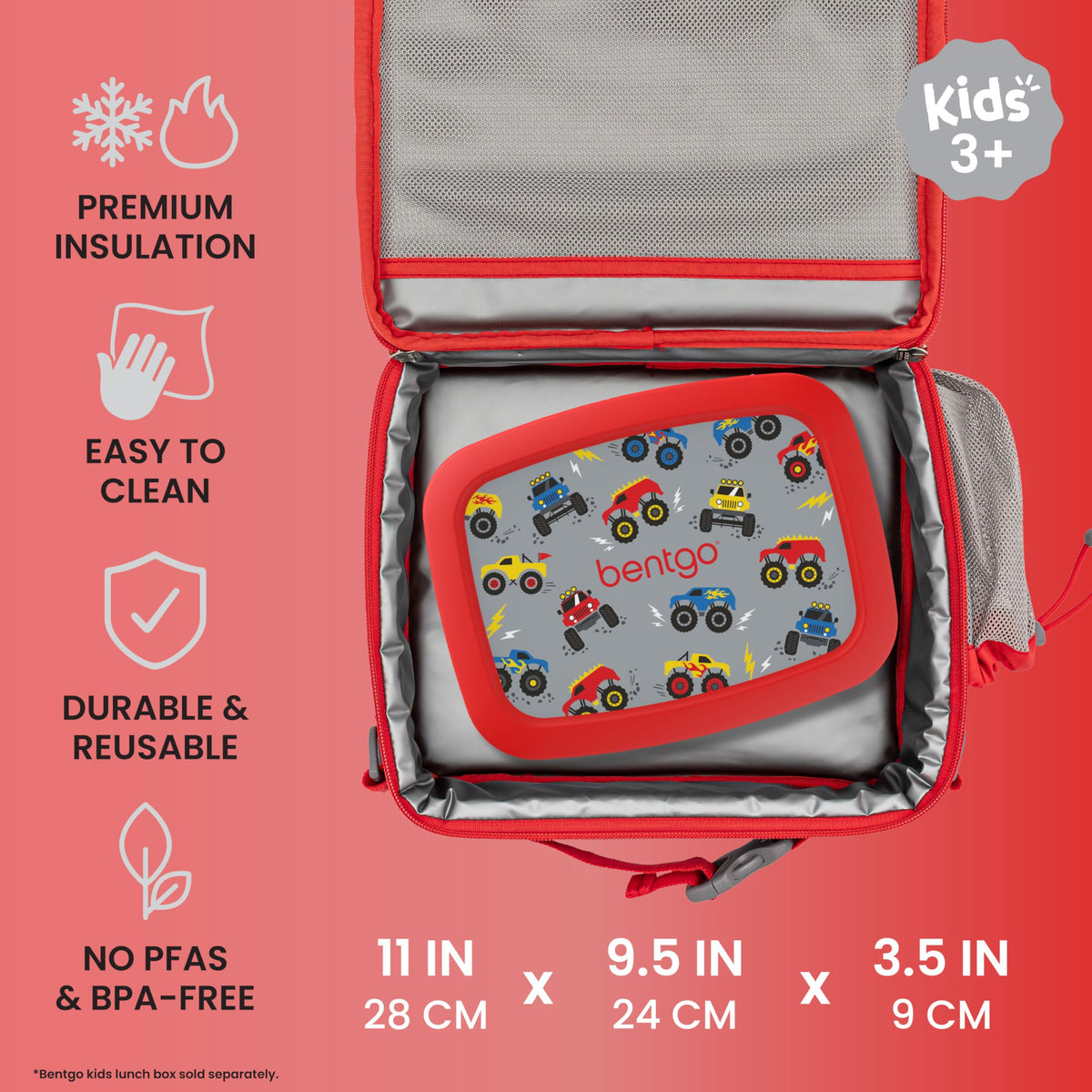 Bentgo Kids Lunch Bag water-resistant fabric protects contents during rain.