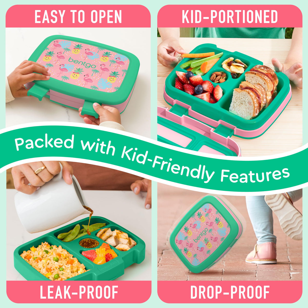 Bentgo Kids microwave-safe tray allows quick reheating at home or cafeteria.