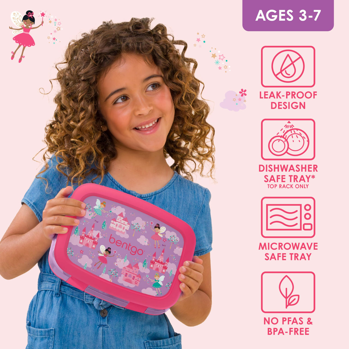 Bentgo Kids Prints ideal for ages 3–7 with 2.4 cup total capacity.