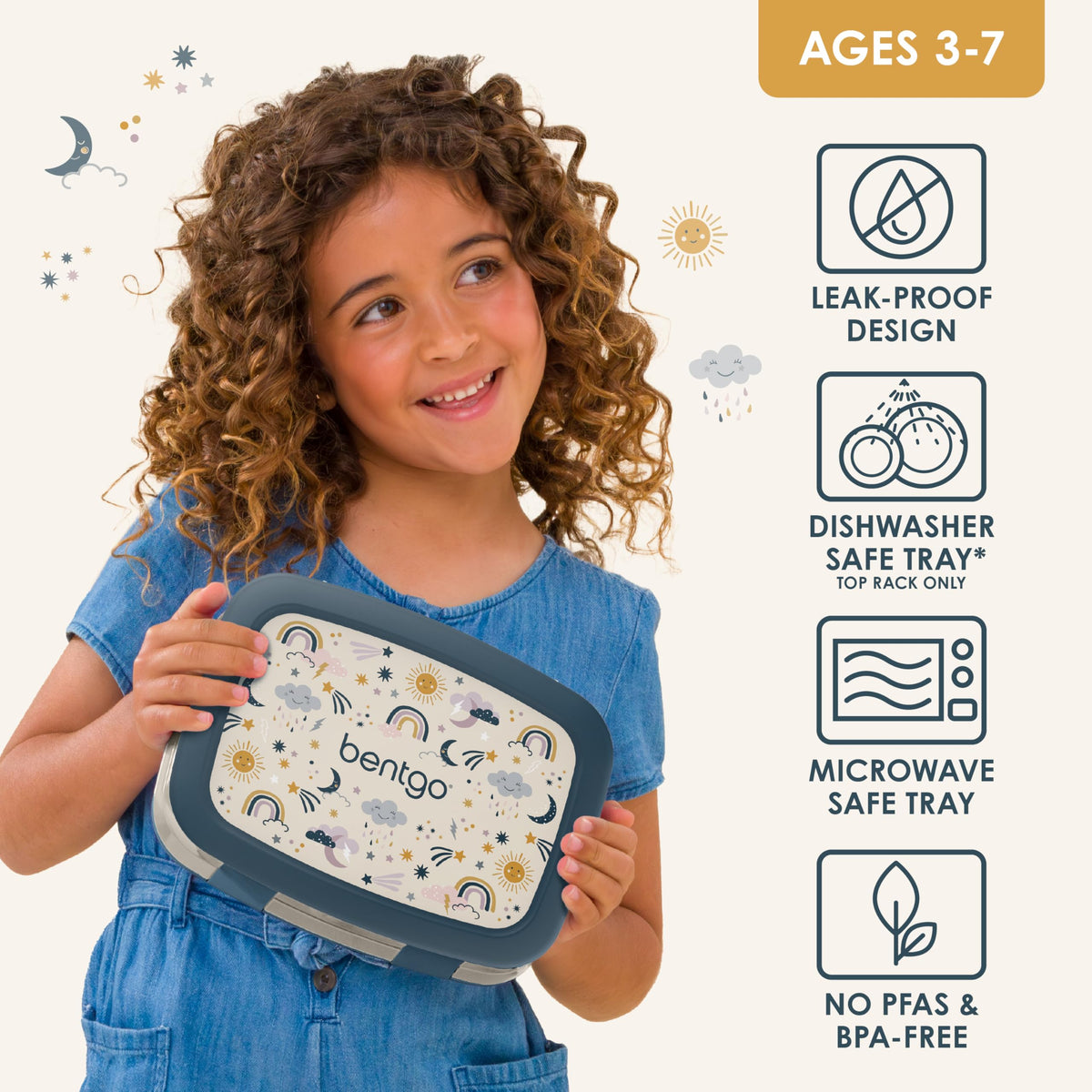 Bentgo Kids Prints durable drop-proof edges protect the lunch box during active days.