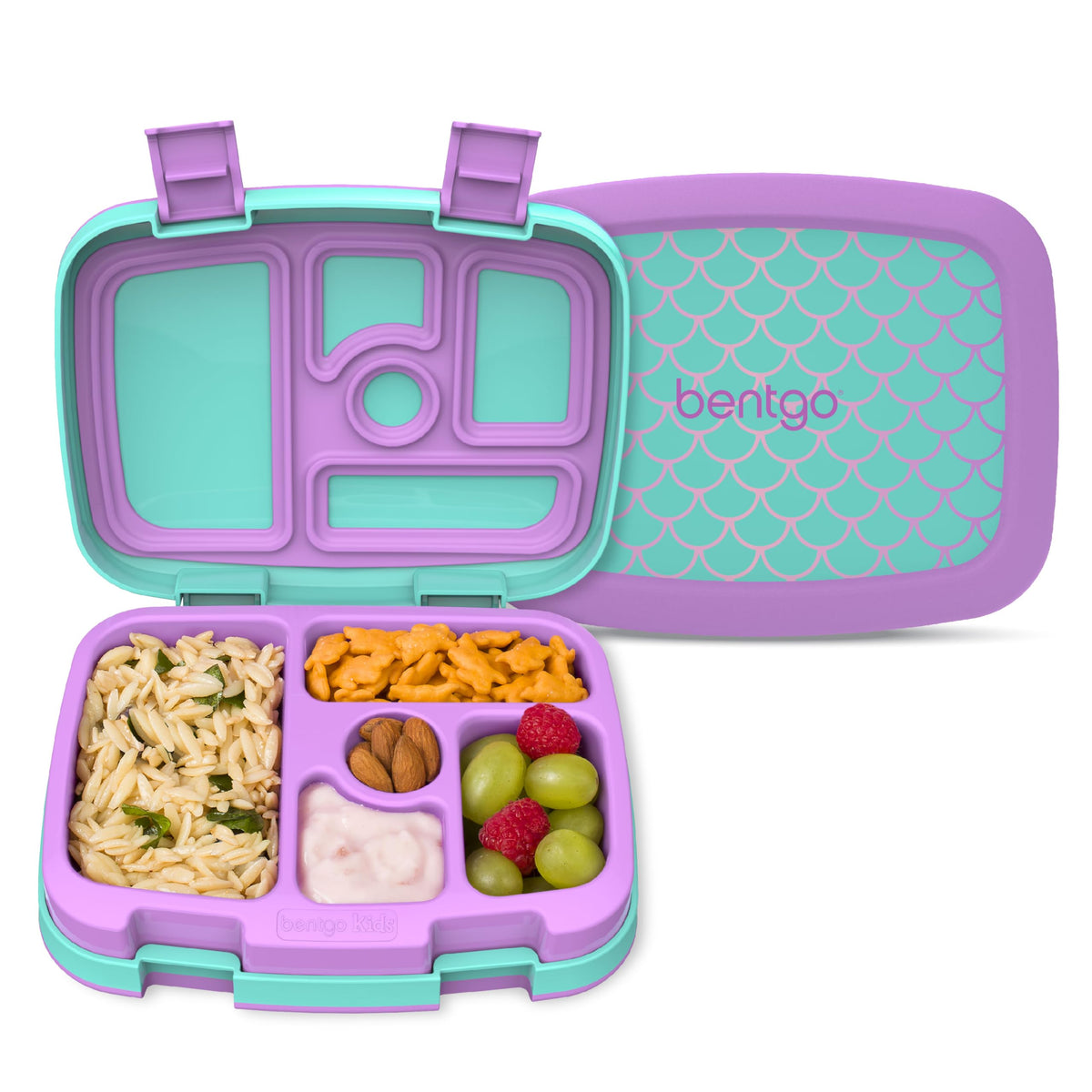 Bentgo Kids Prints Mermaid Scales lunch box with leak-proof lid for mess-free meals.
