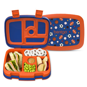 Bentgo Kids Prints leak-proof lunch box demonstrates secure meal portions at school.