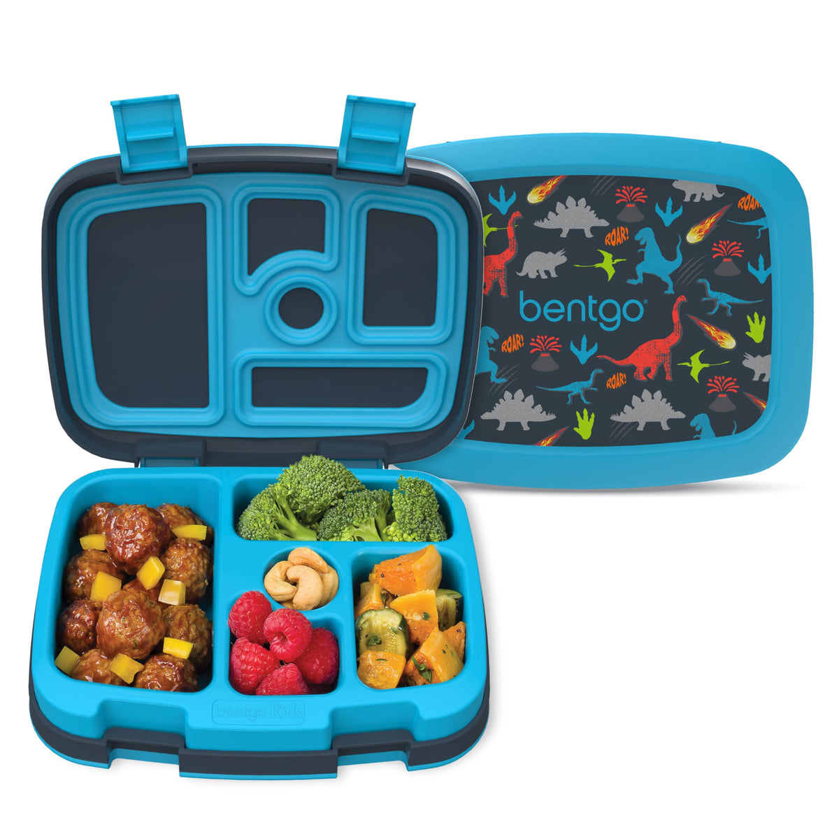 Bentgo Kids Prints front view, leak-proof dinosaur lunchbox designed for on-the-go meals