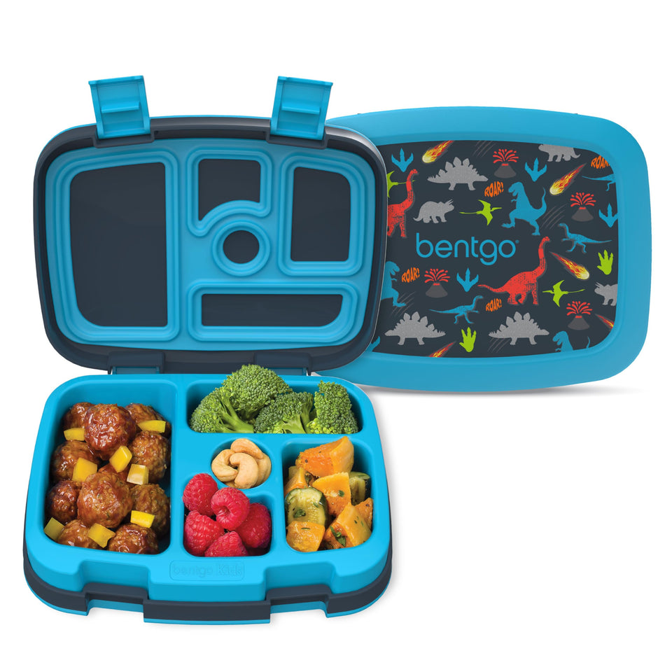 Bentgo Kids Prints front view, leak-proof dinosaur lunchbox designed for on-the-go meals