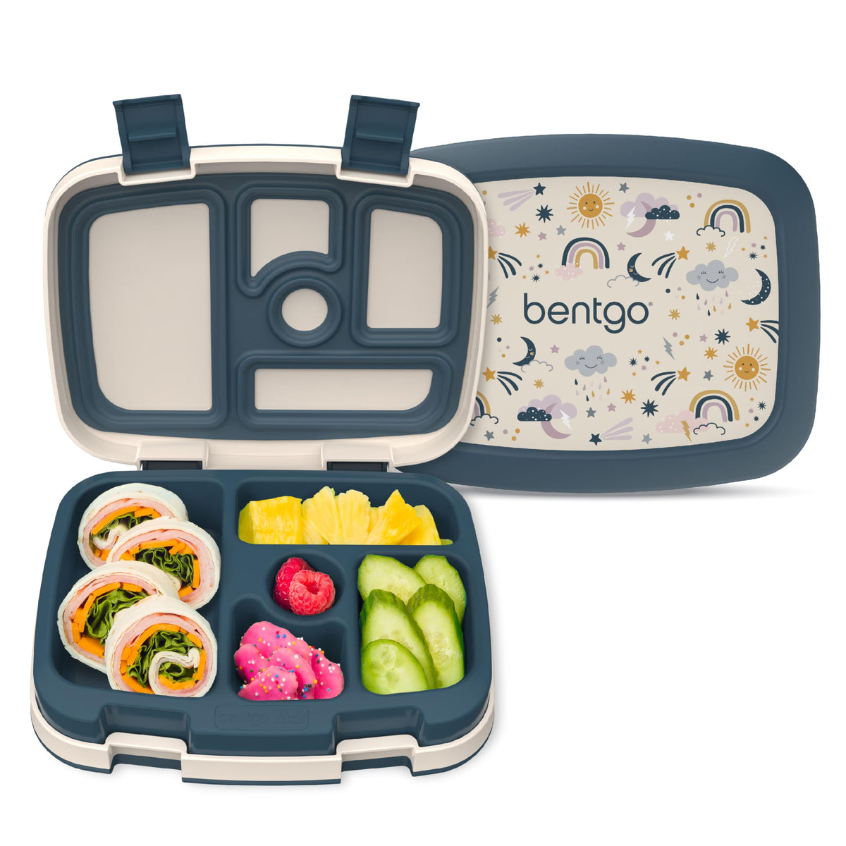 Bentgo Kids Prints leak-proof lunchbox front view with secure lid for mess-free meals.