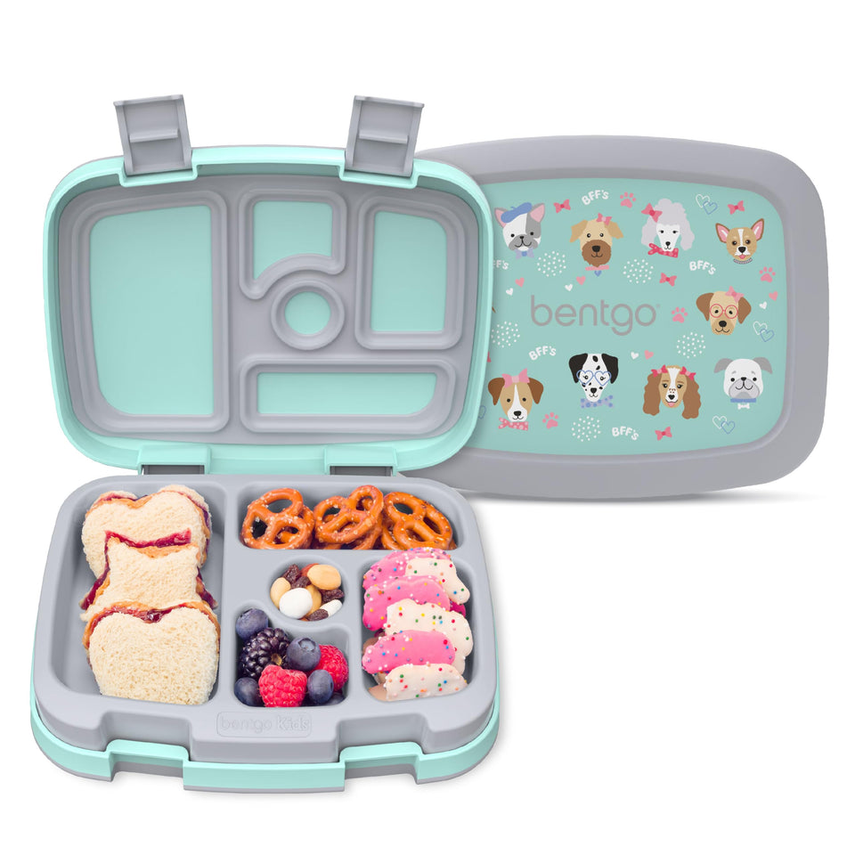 Bentgo Kids Prints leak-proof lunchbox with secure lid and five compartments for mess-free meals.