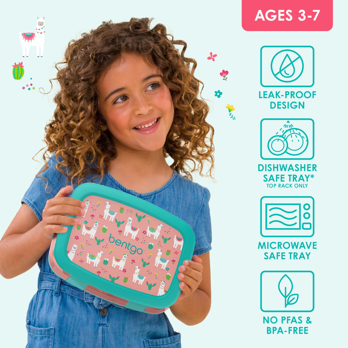Bentgo Kids Prints Llamas durable, drop-proof edges protect lunch during busy days.