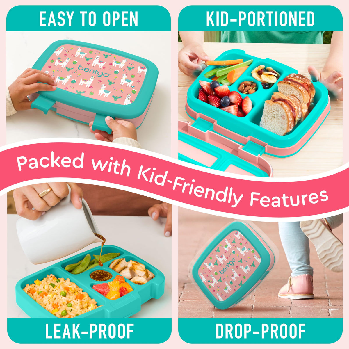 Bentgo Kids Prints Llamas microwave-safe tray for quick reheating at home or school.