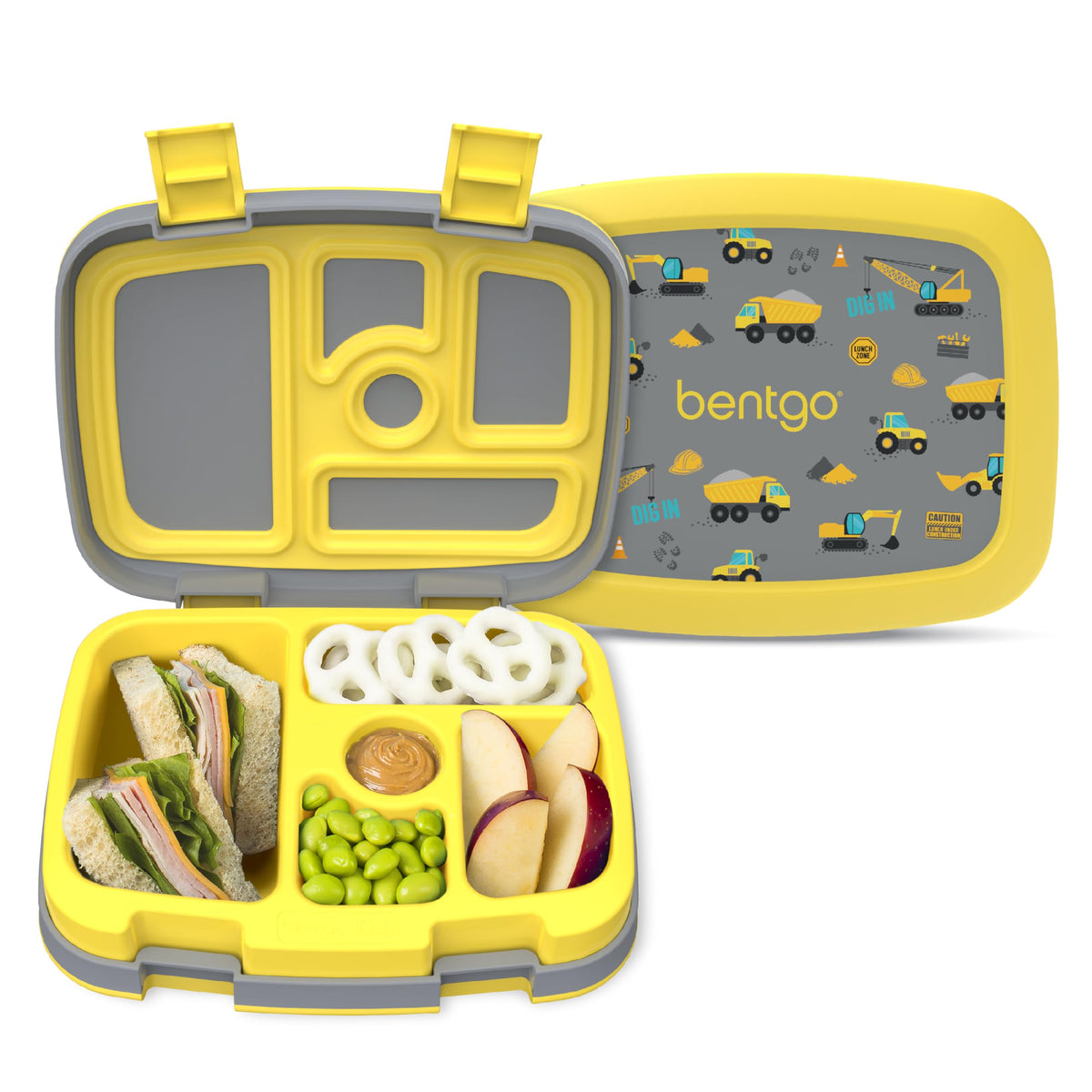 Bentgo Kids Prints lunch box front view with five compartments for easy portion control
