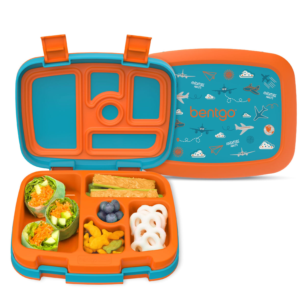 Bentgo Kids Prints lunchbox lid open showing organized five compartments for on-the-go meals.