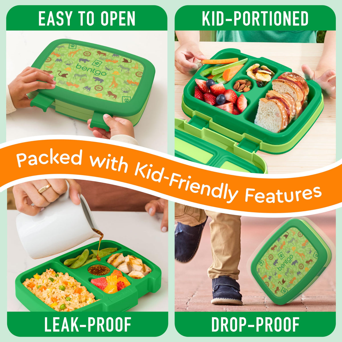 Bentgo Kids Prints microwave-safe removable tray for quick reheats.