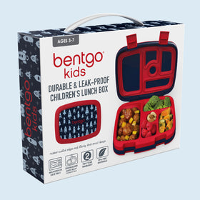 Bentgo Kids Rocket lunchbox in a backpack ready for school.