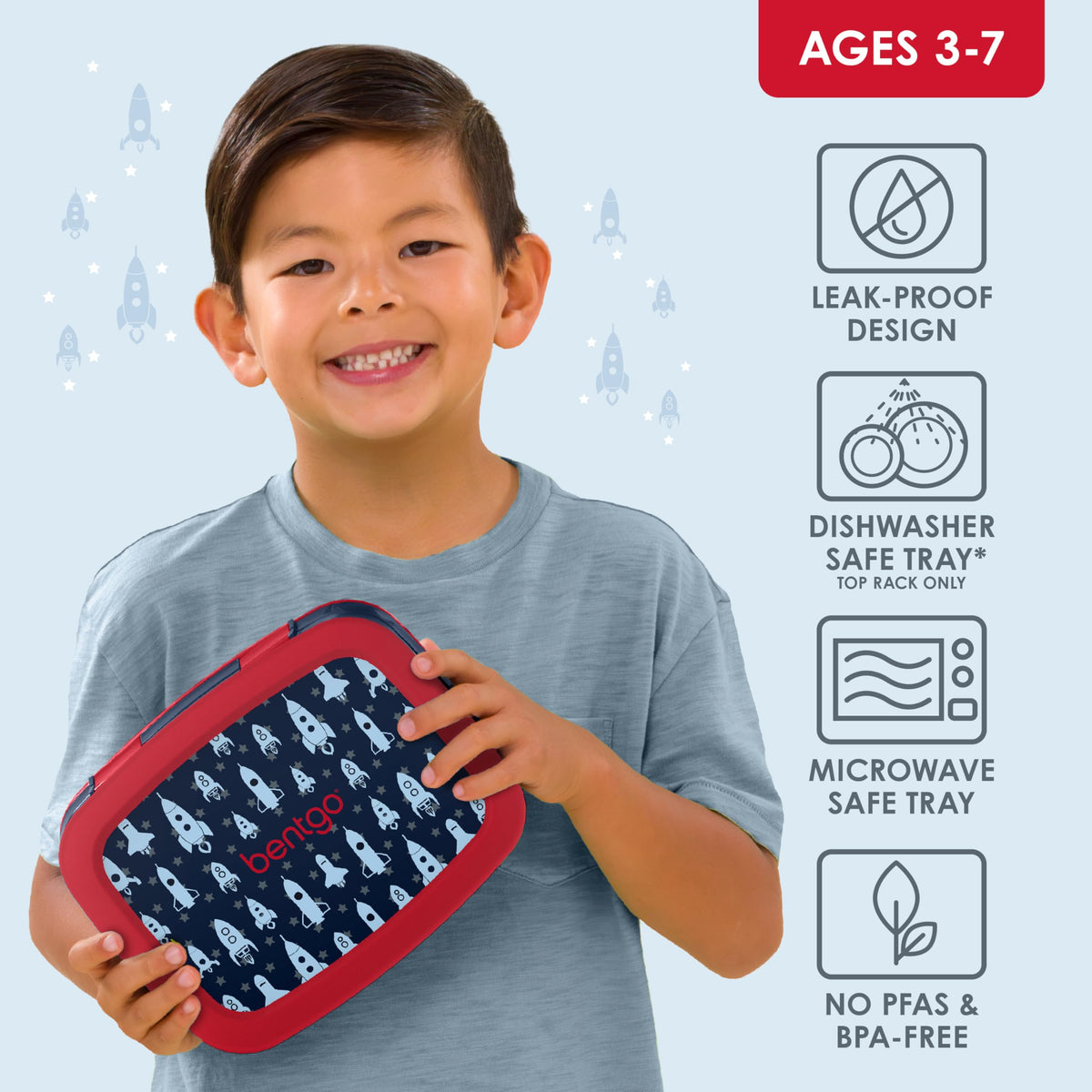 Bentgo Kids Rocket lunchbox compartments enable tidy, organized meals.
