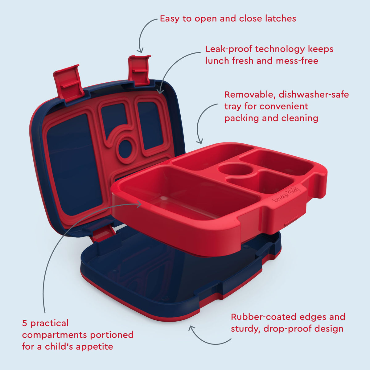 Bentgo Kids Rocket lunchbox dishwasher safe for quick cleanup.