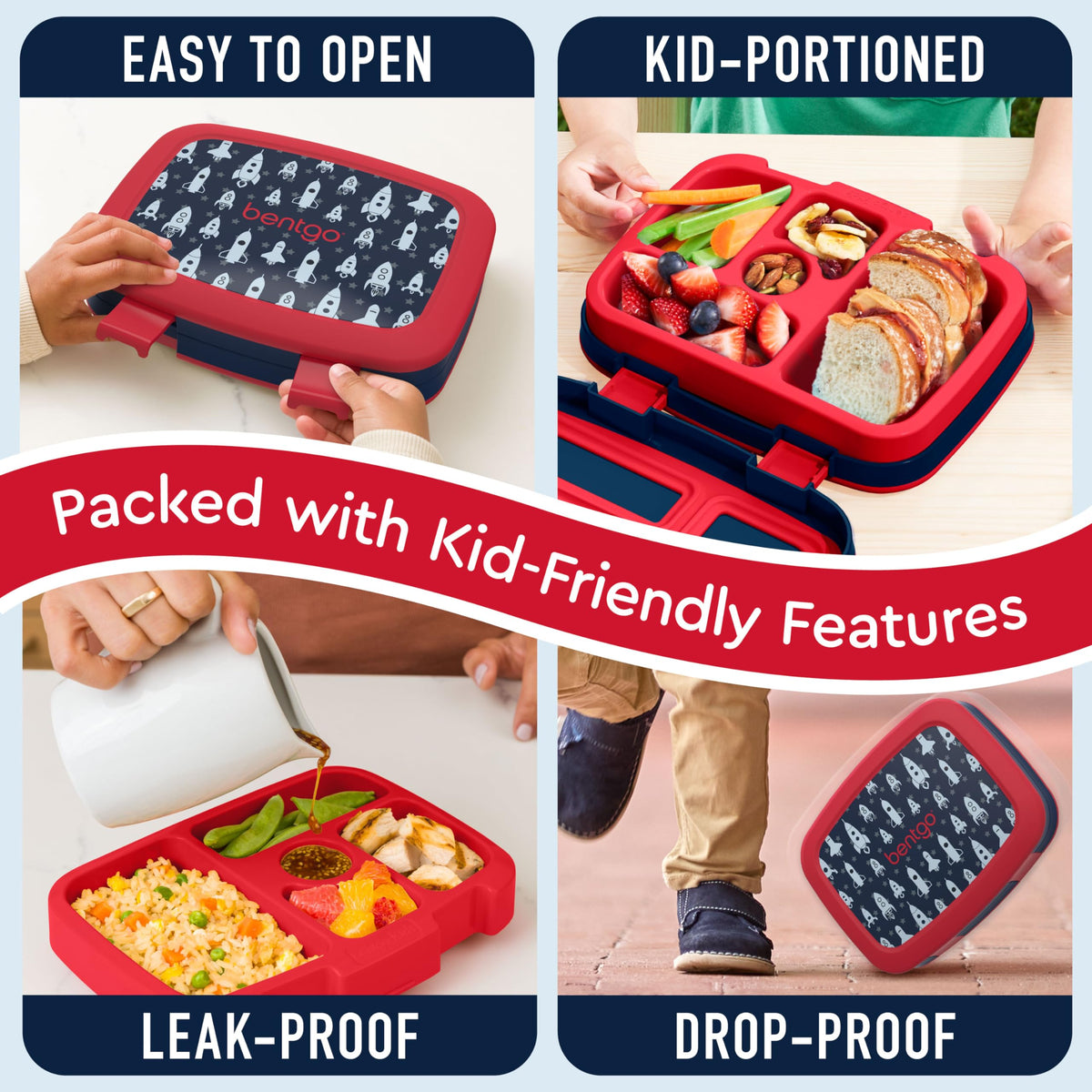 Bentgo Kids Rocket lunchbox durable edge protects during drops.